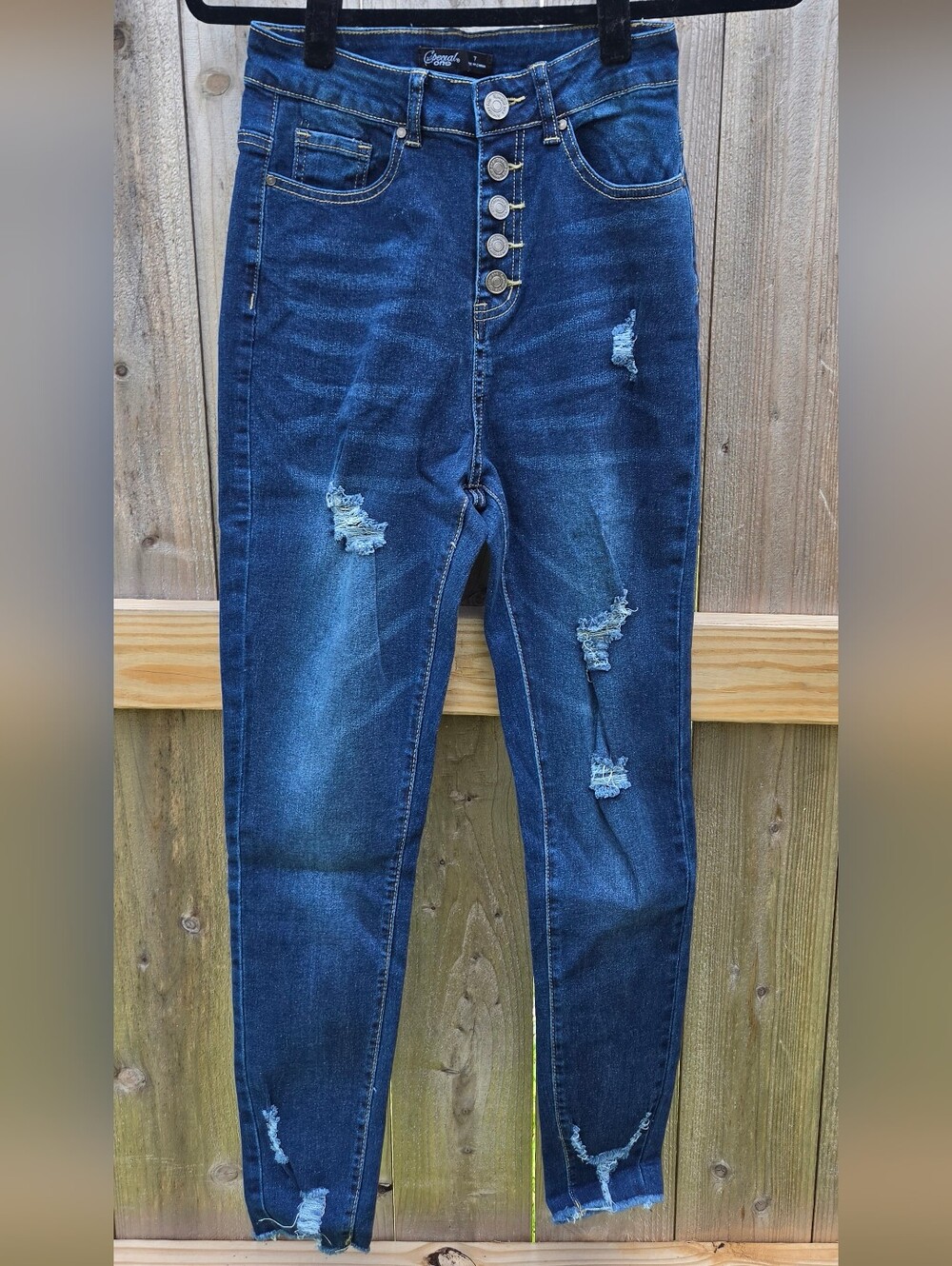 High Rise Button Fly Distressed Skinny Jeans | Dark Wash Stretch Denim